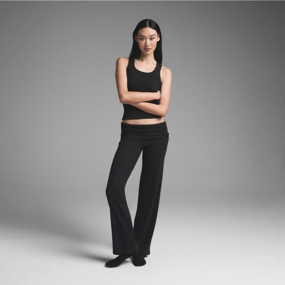 Skims Cotton Rib Foldover Straight Leg Pants Black Size Medium